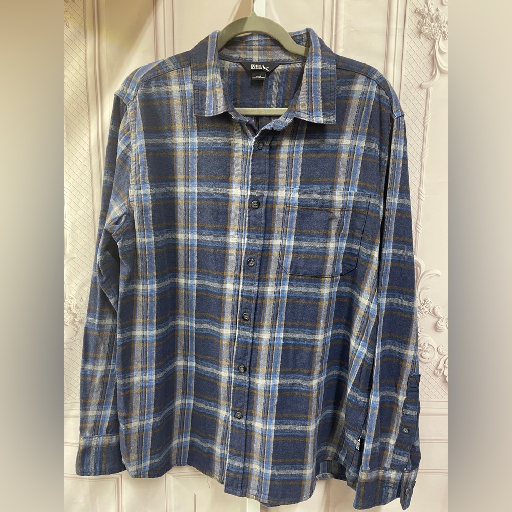 Eddie Bauer Men's Large Flannel Plaid Cotton Blue Shirt